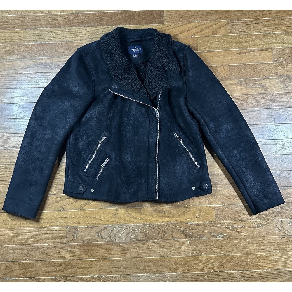 American Eagle Y2K Womens Black Suede Faux Sherpa Lined Zip‎ Moto Jacket Large